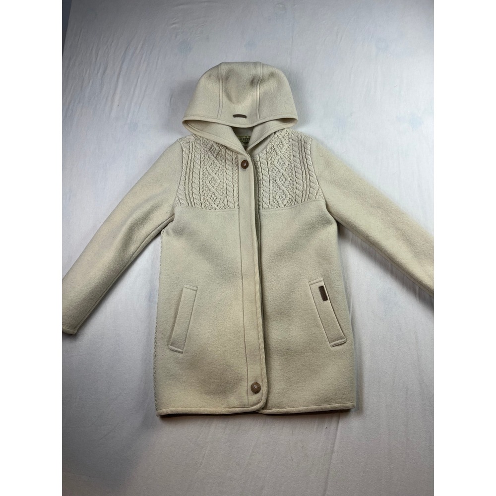 Keith British Style Women Cream Wool Cable Knit Hooded Coat Jacket Off White